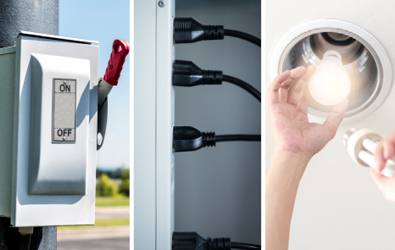 electrical on/off switch, outlet with plugs, and person changing a light bulb
