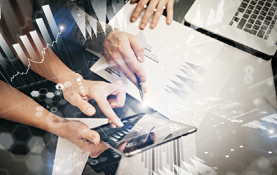 one set of hands pointing at a tablet and a hand using a pen to point at the same tablet with graph overlays