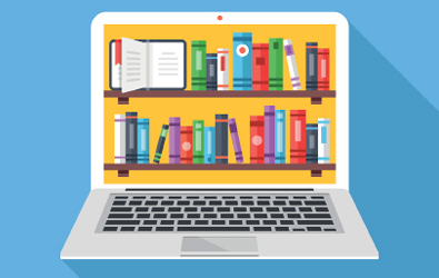 illustration of a laptop with digital bookshelves on screen with books spread out