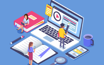 illustration of a student on a laptop holding a pencil, another student on phone looking at a book, and a student on laptop sitting on a book