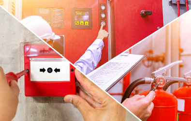 Life Safety System Services, person adjusting fire alarm, servicing fire extinguishers and testing a fire alarm panel