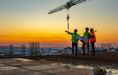 Roofing Contractor Services, contractors in safety gear on a roof surveying area