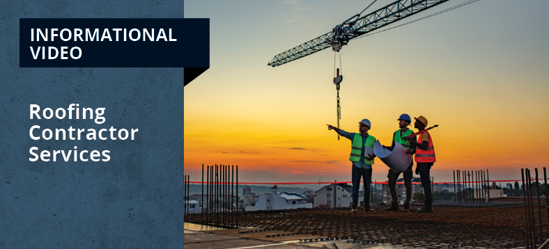 Informational Video | Roofing Contractor Services, contractors on rooftop surveying area with crane and coloured sky in background