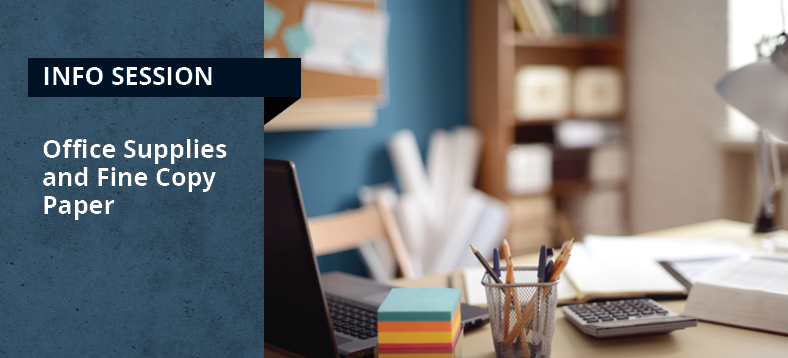 Office Supplies and Fine Copy Paper Information Session, desk with post it notes, laptop, pencils and pens in a holder, lamp, notepad