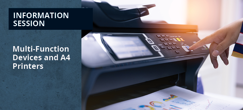 Information Session: Multi-Function Devices and A4 Printers, finger pressing a print button on a A4 printer