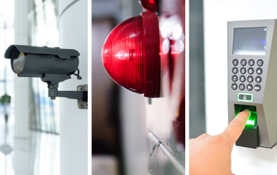 CCTV static camera mounted on a wall, alarm mounted on a wall, and an access control panel with biometric encryption indicated by a finger on the entry scan
