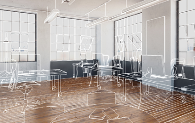empty office space with suggested placement of workspace areas, desks with monitors and tables