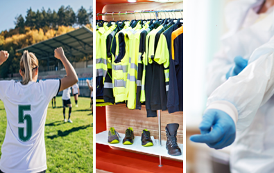 athlete cheering in uniform, uniforms on rack and accompanying footwear, person wearing protective safety gloves and covering over clothes
