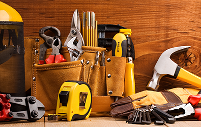 Tool kit with pliers, cutters, drill bits, measuring tape, hammer, gloves, set of allen keys