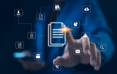 person pointing to a document icon representation with other icons surrounding it