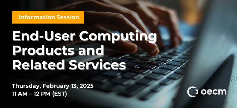 Information Session: End-User Computing Products and Related Services, Thursday, February 13, 2025, 11 AM - 12 PM (EST), person typing on a laptop keyboard