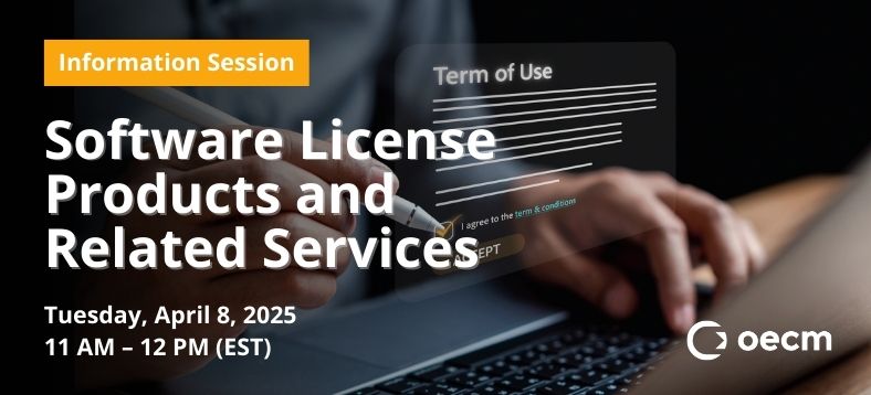 Information Session - Software License Products and Related Services | Tuesday, April 8, 2025 11 AM - 12 PM (EST), person on laptop checking off an onscreen virtual display of a terms & conditions form