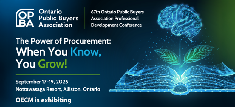 67th Ontario Public Buyers Association Professional Development Conference | The Power of Procurement: When You Know, You Grow! September 17-19, 2025; Nottawasaga Resort, Alliston, Ontario, OECM is exhibiting, OPBA Ontario Public Buyers Association logo